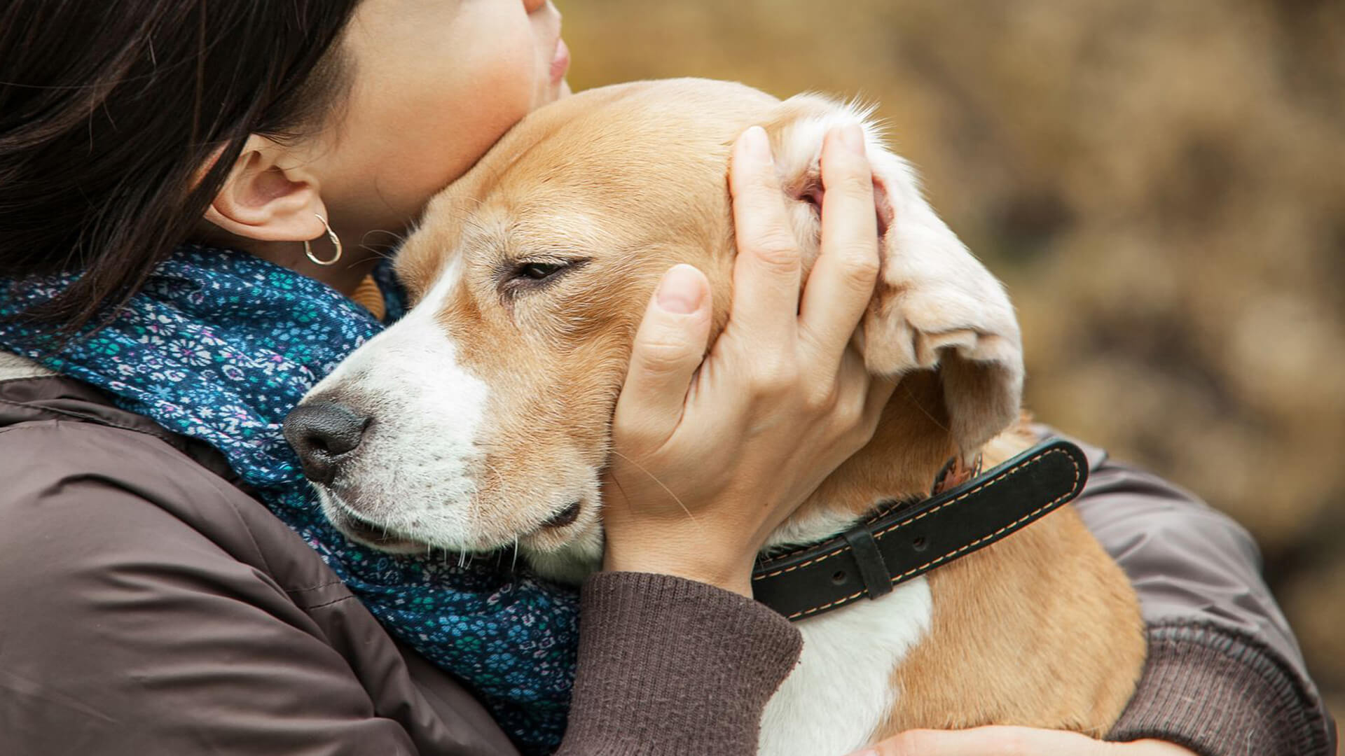 A woman hugs her dog A woman hugs her dog